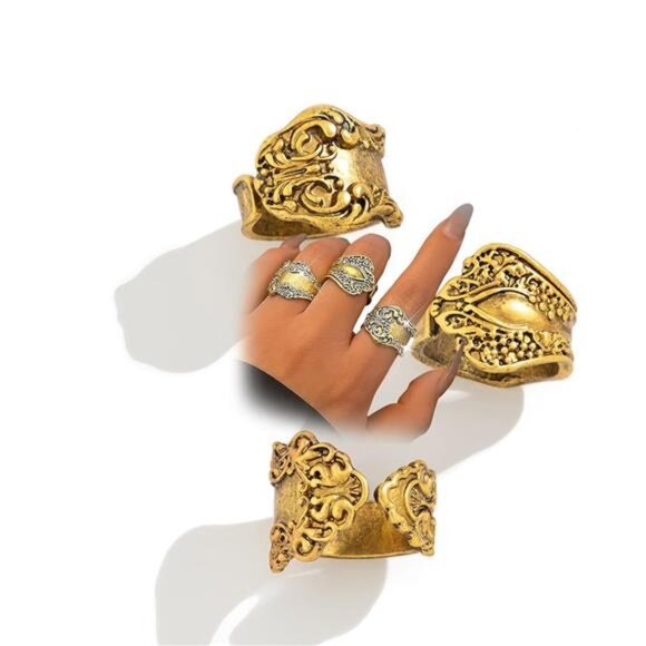 โจ Bold Boho Spoon Ring Set | Chunky Gold Adjustable Rings | Vintage Floral - Picture 5 of 5